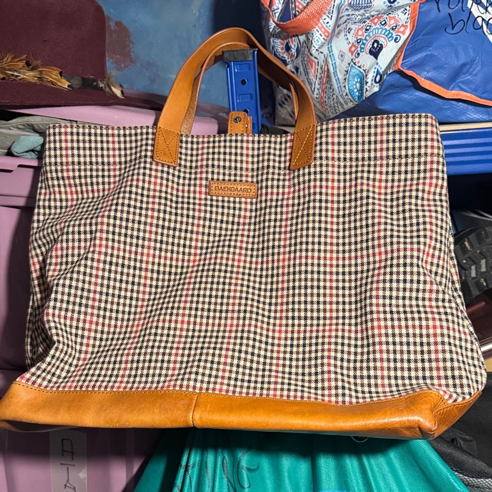 Checkered Leather Trim Tote Bag